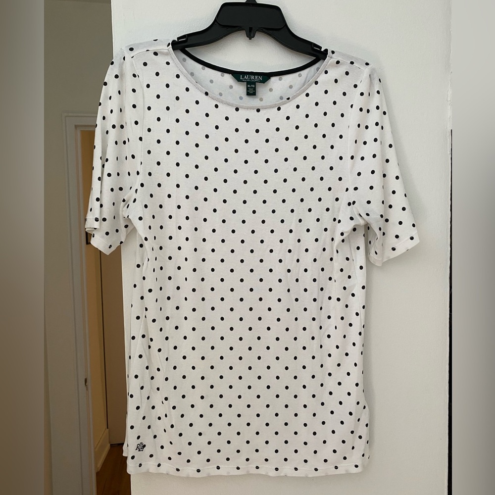 NWOT Lauren by Ralph Lauren Black & White Polka Dot Fitted T-Shirt